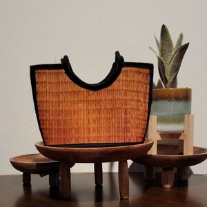 Tan and Black Woven Tote Bag with Structured Design